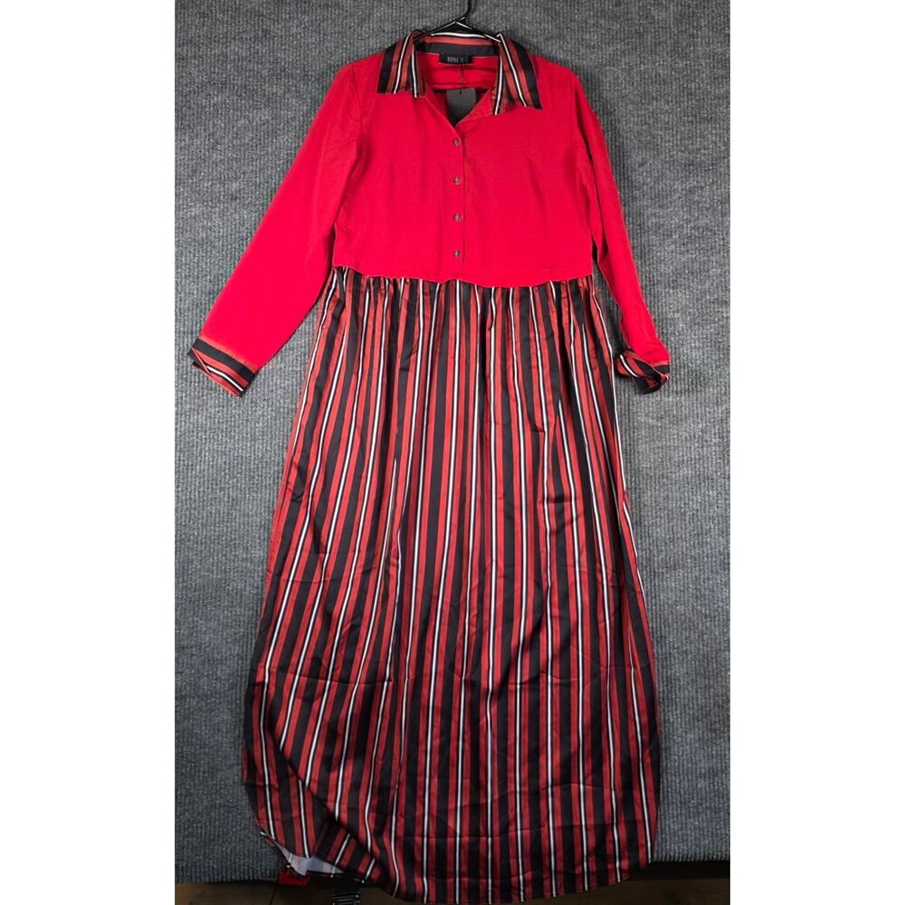 NWT‎ Refka Modest Maxi Dress Red Stripe Colorblock Long Sleeve Collared US 8